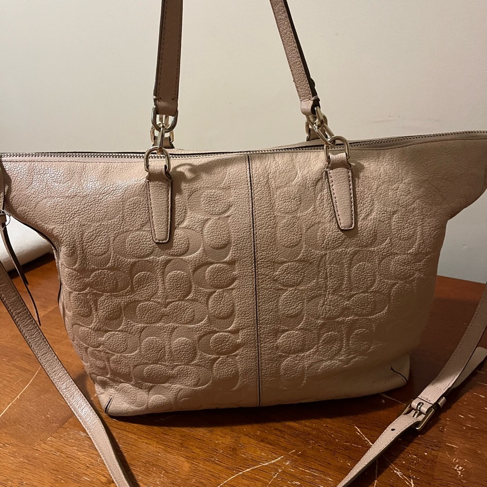 Coach Signature Peach/Rose Embossed Leather Bleecker Zip Tote Handbag